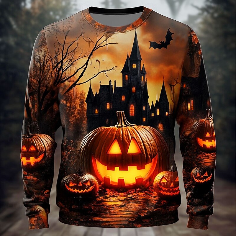 Halloween Men's Pumpkin Cemetery Sweatshirt Punk Party Long Sleeve Crew Neck Vacation Yellow Blue Crewneck 3D All Seasons Designer