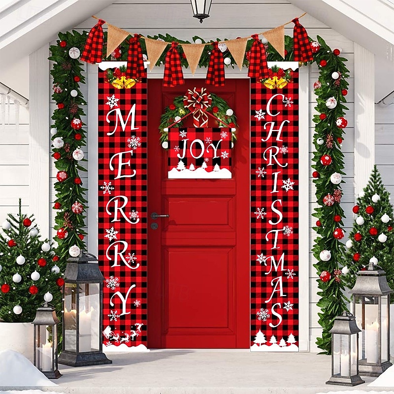 Christmas Porch Door Sign Xmas Welcome Banner Red and Black Plaid Door Curtain Hanging Banner Festive Holiday Decoration European Style Door Hanging Couplets Perfect Party Atmosphere Setup4