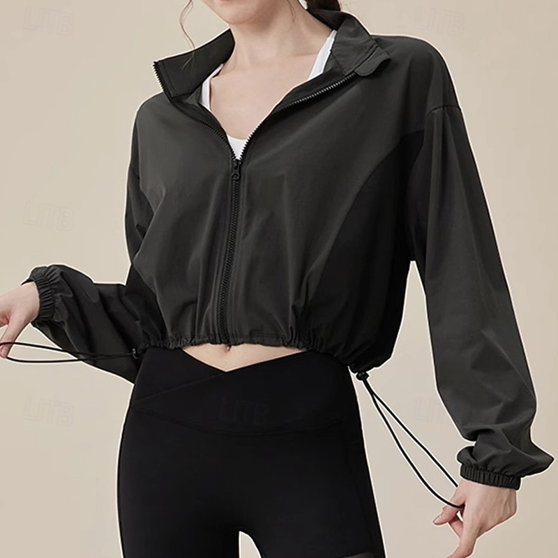 Women's Workout Jacket Windproof Drawstring Long Sleeve Sports Color Block Top For Sports Zumba Running Loose Fit Activewear3