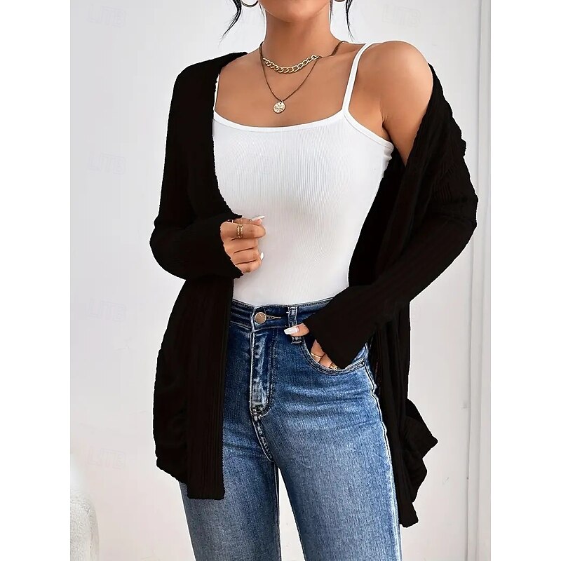 Women's Winter Coat Comfortable Stripe Open Front Elegant Vintage Simple Classic Solid Color School Outdoor Vacation Home Cardigan Regular Collarless Regular Fit Long Sleeve Outerwear claret Black3