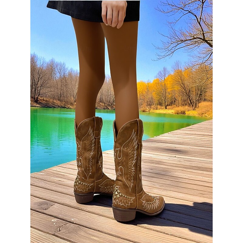Women's Western Cowboy Boots with Embroidered Eagle Design and Studded Details Mid-Calf Retro Style Block Heel Boots for Urban Fashion Wear2