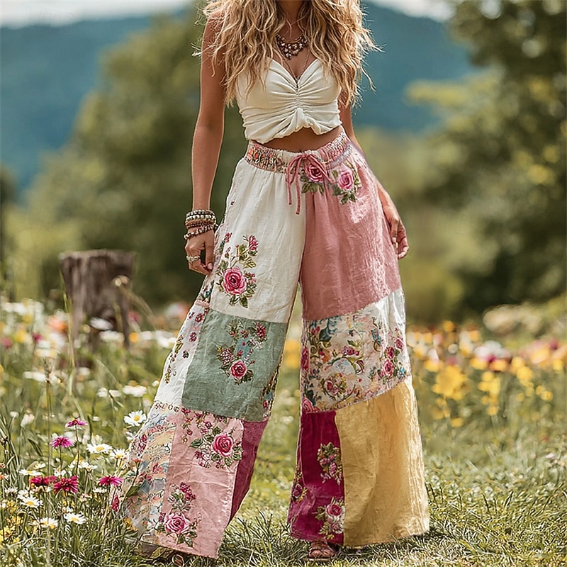 Women's Wide Leg Pants Trousers Palazzo Pants Fashion Boho Full Length High Waist Color Block Flower Drawstring Elastic Waist Print Breathability Comfortable Street Daily Wear Going out Pink Spring