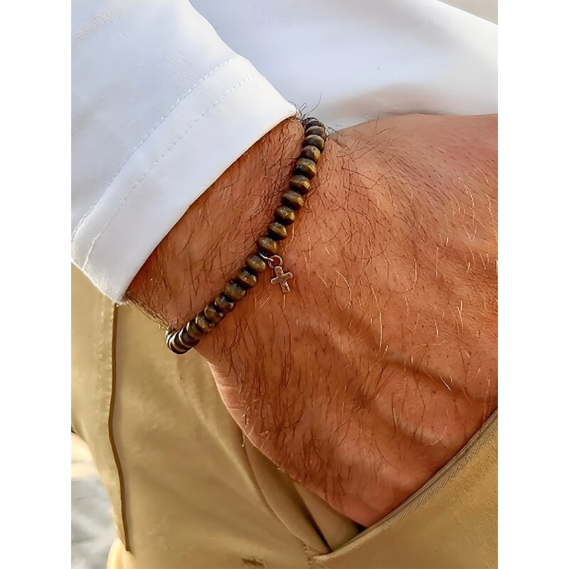 Men's Wooden Beaded Cross Bracelet Set – Natural Rustic Style Stretch Bracelets for Casual, Beach or Spiritual Wear4