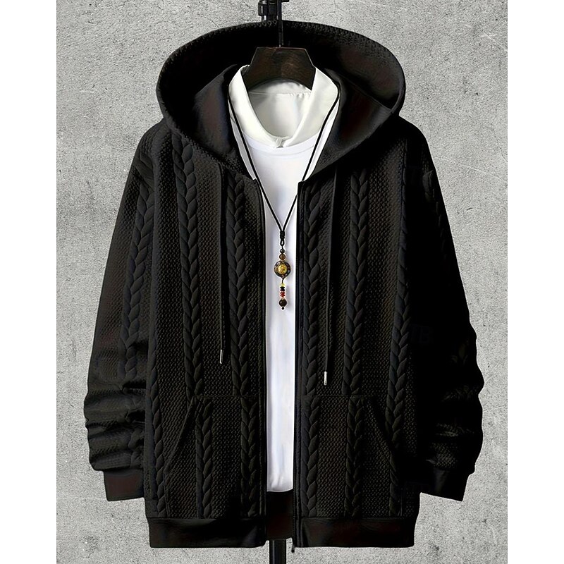 Men's Hoodie Full Zip Hoodie Black White Hooded Plain Jacquard Pocket Ribbed Textured Sports & Outdoor Daily Holiday Polyester Streetwear Basic Casual Spring Fall Clothing Apparel Hoodies Sweatshirts3