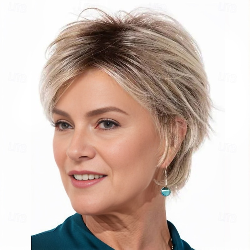 Short Blonde Pixie Wig with Dark Roots – Synthetic Hair, Heat-Resistant for Daily Fashion, Cosplay & Parties