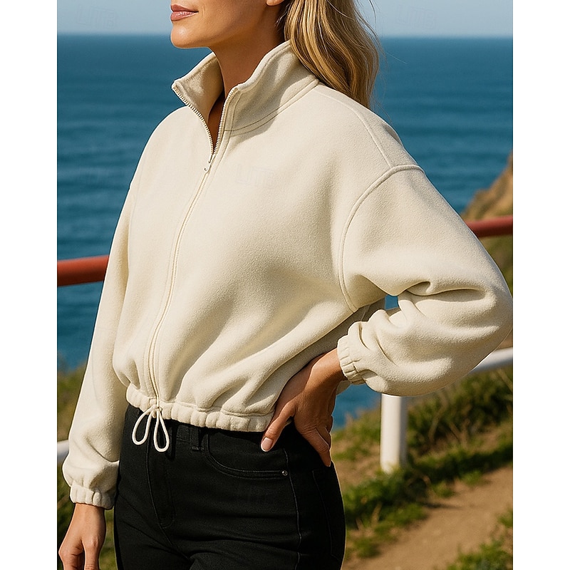 Women's Pullover Sweatshirt Casual Crop Tops Drawstring Long Sleeve Top Athleisure Fall Solid Colored Fashion Outdoor Travel Running Sportswear Activewear Black Blue Khaki3