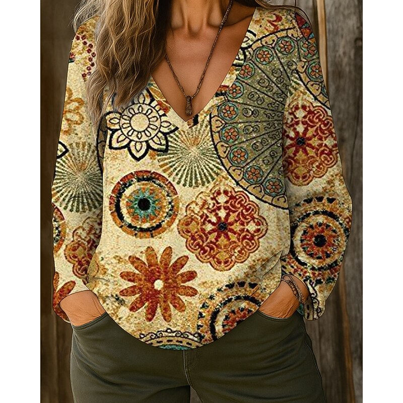 Women's T Shirt Floral Casual Long Sleeve V Neck Regular Tops Going out Weekend Print White Navy Blue Blue Green Khaki Fall2