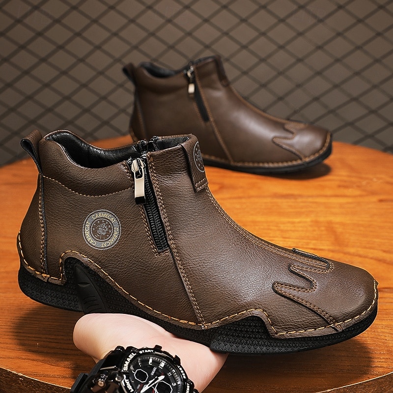 Men's Brown Leather Zipper Slip-On Shoes with Unique Round Toe and Flexible Sole – Retro Casual Footwear for Travel, Work and Daily Comfort4