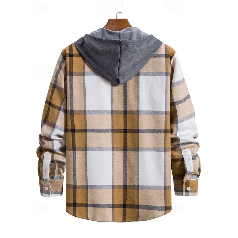 Men's Shacket Shirt Jacket Winter Jacket Plaid Vacation Daily Wear Black Red Blue Khaki Long Sleeve Hooded Fall Winter Clothing Apparel Drawstring3