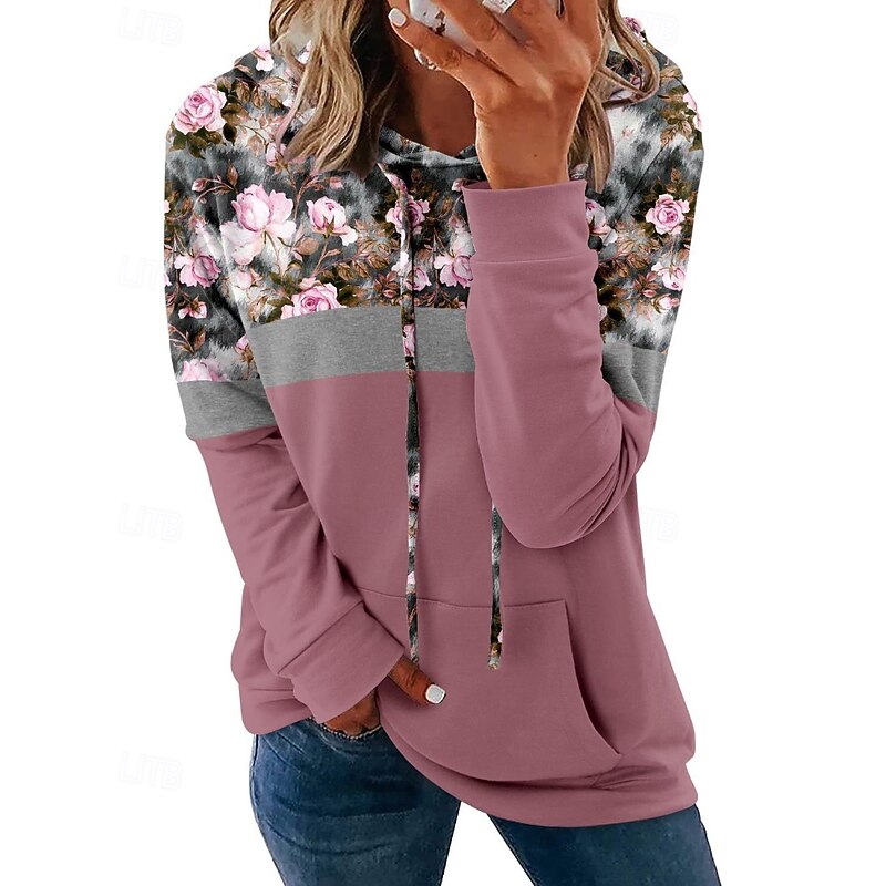 Women's Pullover Hoodie Sweatshirt Floral Streetwear Casual Long Sleeve Hooded Regular Tops Home Street Holiday Print Light Pink Black Pink Navy Blue Purple Fall
