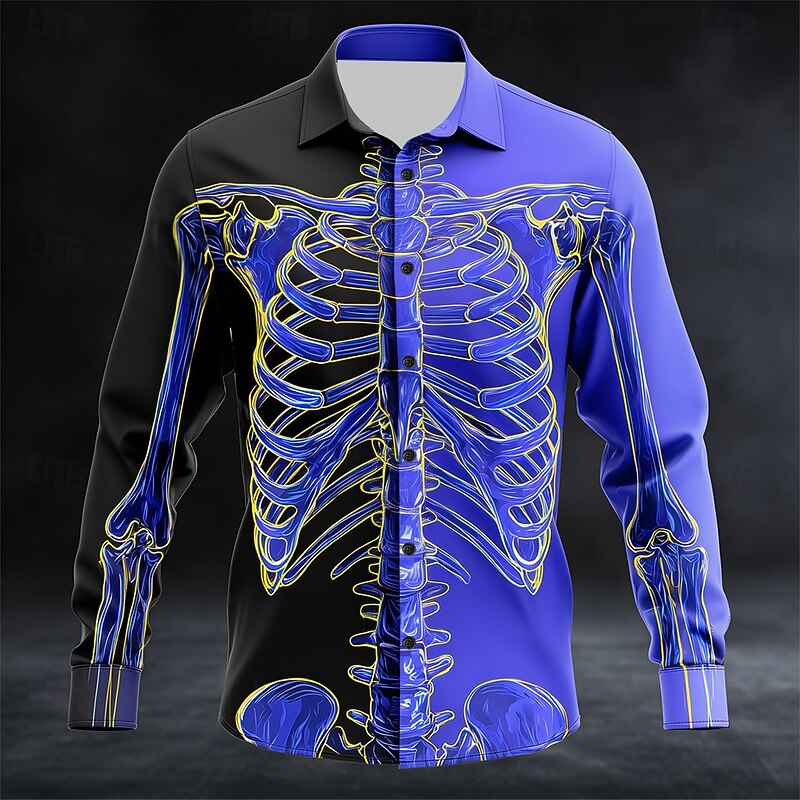 Halloween Men's Optical Illusion Skeleton Shirt Button Up Shirt Long Sleeve Dark Punk Gothic Style Outdoor Holiday Summer Spring Turndown 3D Print Collared Shirts Purple Brown2