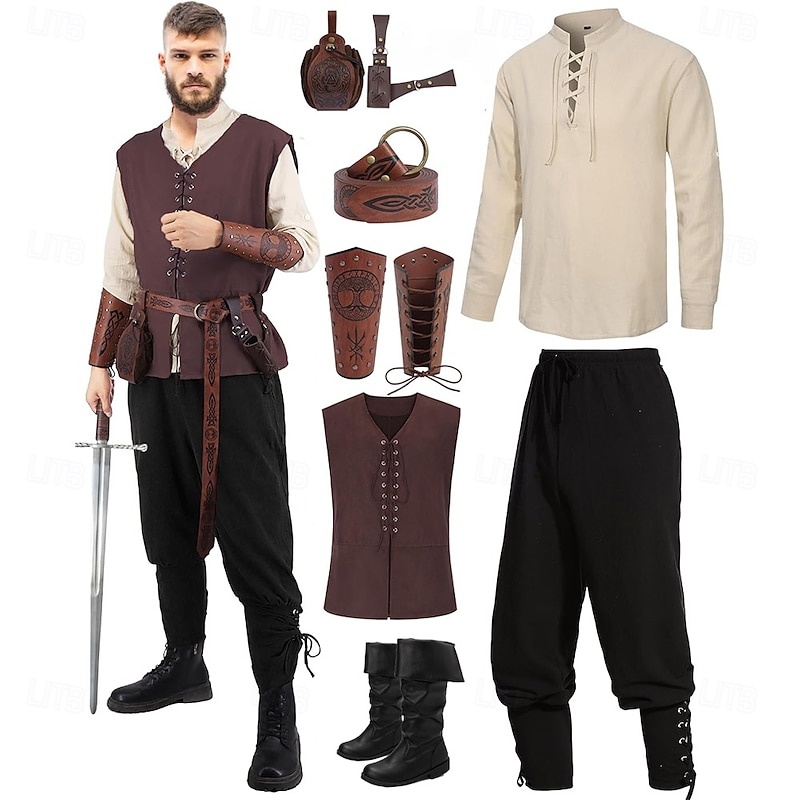 Retro Vintage Medieval Renaissance Pants Boots Outfits Pirate Viking Fancy Dress Men's Viking Halloween Carnival Masquerade Performance Masquerade LARP Adults' Shirt Pants Belt