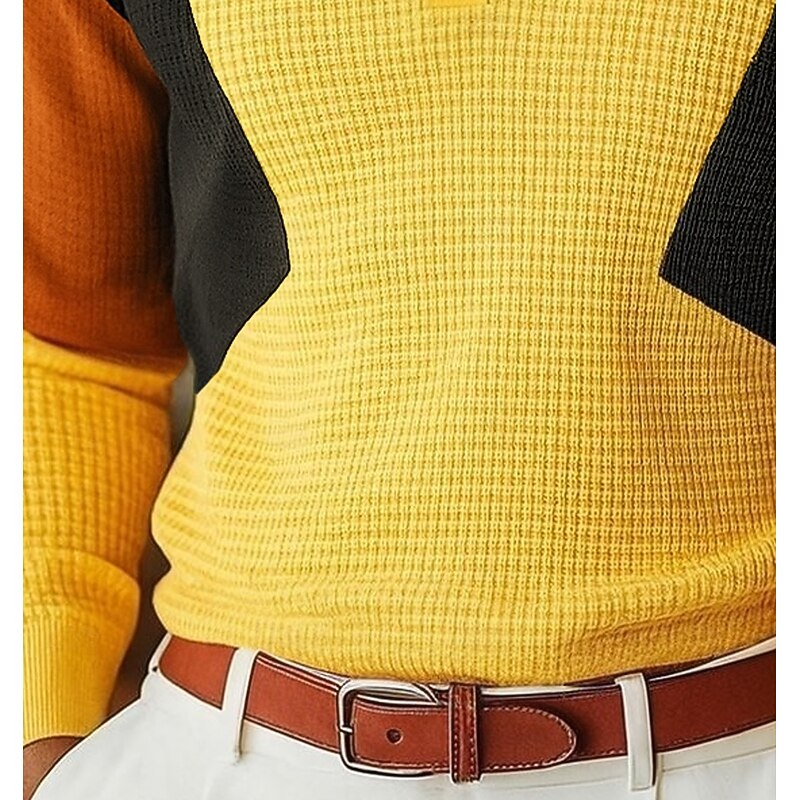 Men's Waffle Polo Shirts Polo Shirts Casual Sports Lapel Long Sleeve Fashion Basic Color Block Patchwork Color Block Fall Winter Spring &  Fall Regular Fit Yellow Waffle Polo Shirts2