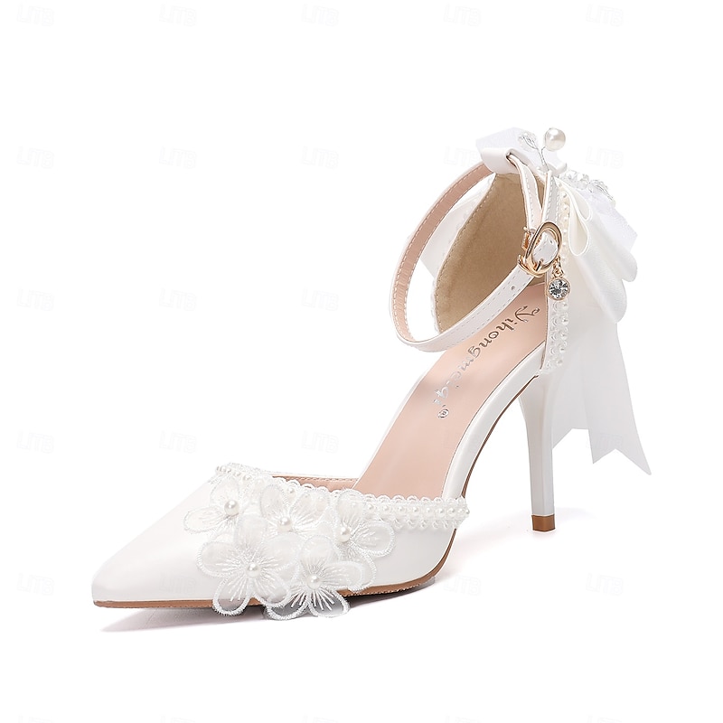 Women's Wedding Shoes White Shoes Dress Shoes Wedding Party Floral Wedding Heels Bridal Shoes Bridesmaid Shoes Bowknot Buckle Flower Stiletto Pointed Toe Fashion PU Buckle White
