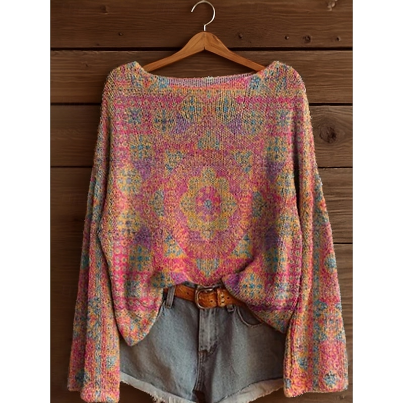 Women's Sweater Casual Soft Floral Graphic Ribbed Boat Neck Knitted Print Long Sleeve Regular Tops Knit Outdoor Daily Weekend Pink Red Spring Fall3