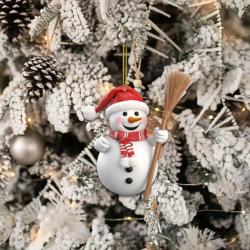 5pcs Snowman Acrylic Christmas Tree Ornament Cute Snowman with Hat and Broom Christmas Hanging Decorations for Christmas Tree Hanging Ornaments2
