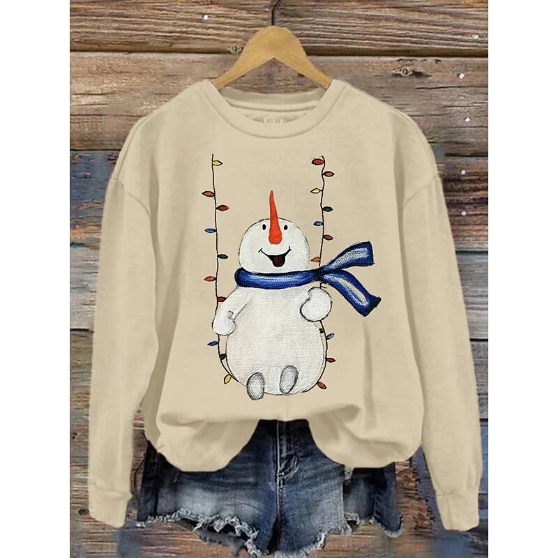 Women's Pullover Graphic Snowman Casual Long Sleeve Crew Neck Regular Tops Street Dailywear Casual Print White Pink Red Blue Khaki Fall Winter4