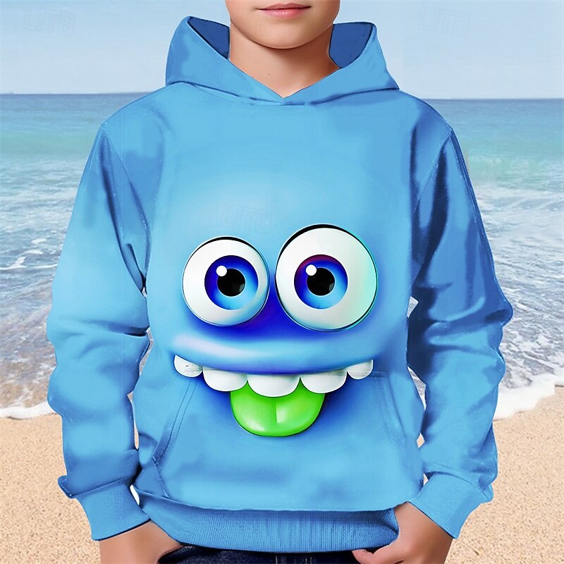 Boys Cartoon Funny Smile Face Hoodie Long Sleeve 3D Print Fall Winter Fashion Streetwear Kids 4-12 Years Hooded Outdoor Casual Daily Regular Fit2