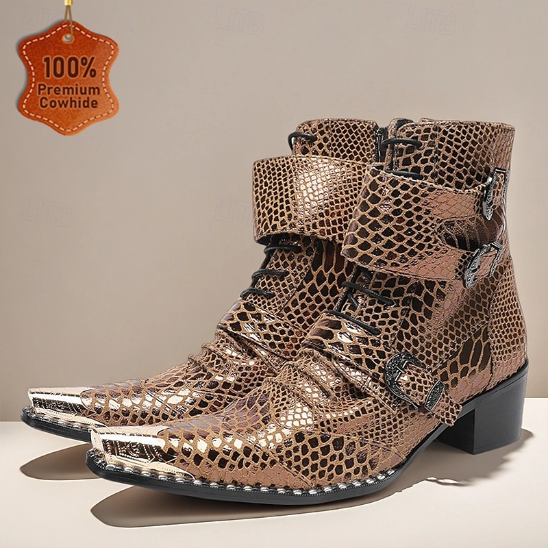 Men's Brown Snakeskin Ankle Boots with Rivet Details – Exotic Western-Inspired Cowhide Boots for Stage Performances, Parties and Fashion Shows