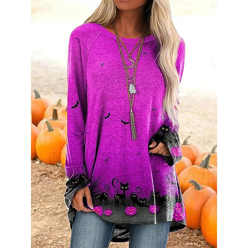 Halloween Women's T shirt Pumpkin Long Sleeve Graphic Vintage Stylish Casual Long Sleeve Crew Neck Long Tops Daily Print Black White Yellow Orange Spring Fall Prefall2