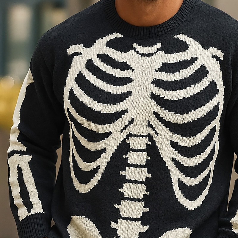 Halloween Men's Bone Skeleton Pullover Sweater Jumper Knitwear Crewneck Casual Vacation Home Street 3D Print Knitting Keep Warm Long Sleeve Spring Fall Winter Black Blue3