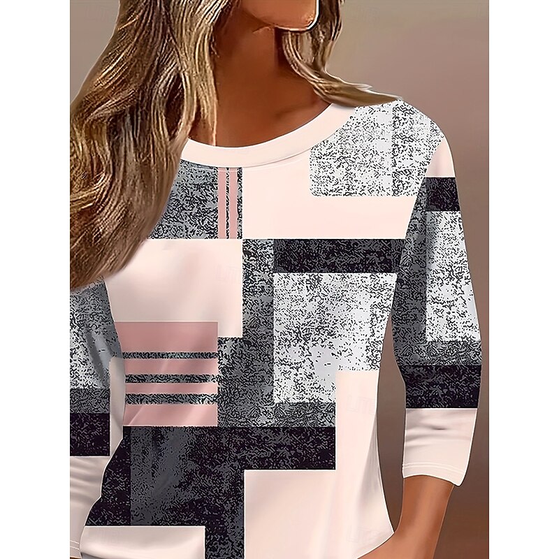 Women's T Shirt Graphic Geometric Geometry Vintage Stylish Modern Long Sleeve Crew Neck Round Neck Regular Tops Daily Print Pink Summer Spring Fall2