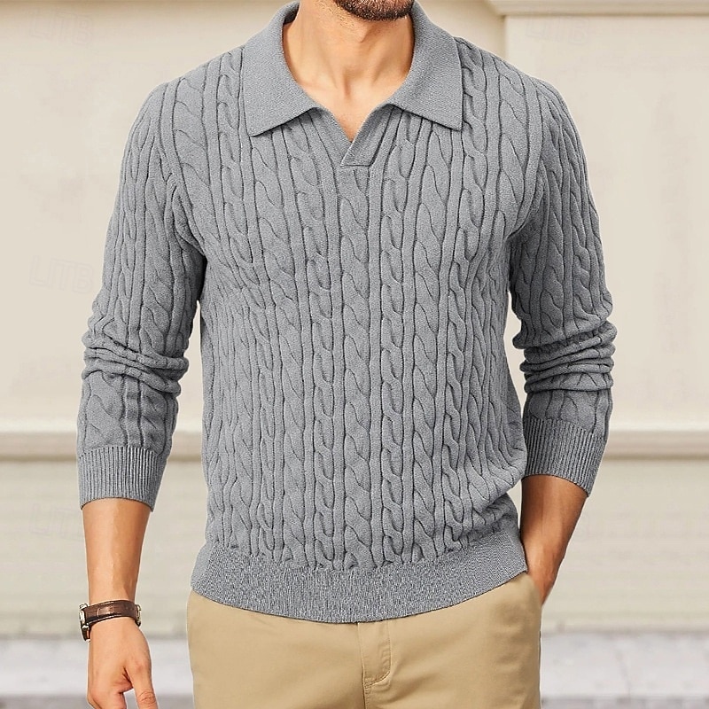 Men's Sweater Pullover Sweater Jumper Cable Knit Regular Tops Knitted Slim Fit Plain Turndown Knitwear Contemporary Casual Daily Wear Clothing Apparel Fall Winter Black Khaki M L XL2