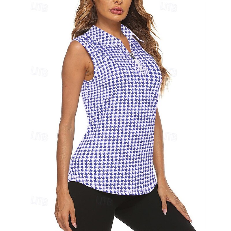 Women's Plaid / Check Sport Shirt Golf Polo Shirt Tennis Shirt Sleeveless Zipper High Elasticity Moisture Wicking Breathable Tennis Golf Pickleball Turndown Zip Collar Shirt Top Black Pink Navy Blue4