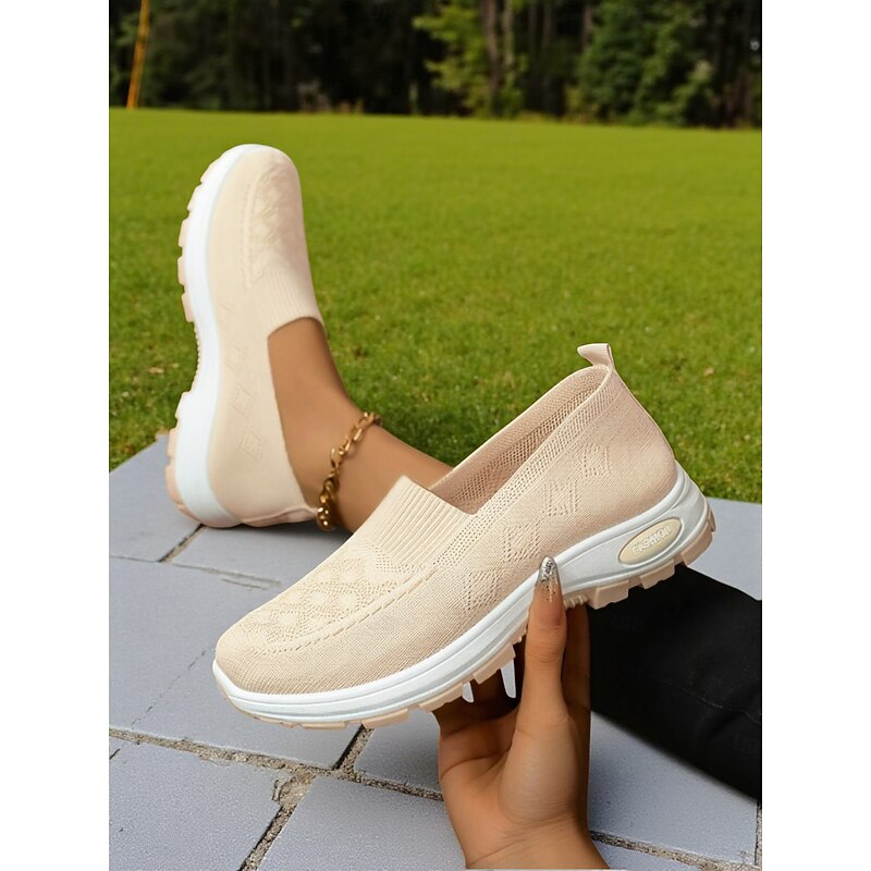 Women's Beige Flyknit Slip-On Comfort Sneakers – Lightweight Breathable Walking Shoes for Park, Errands and Everyday Wear3