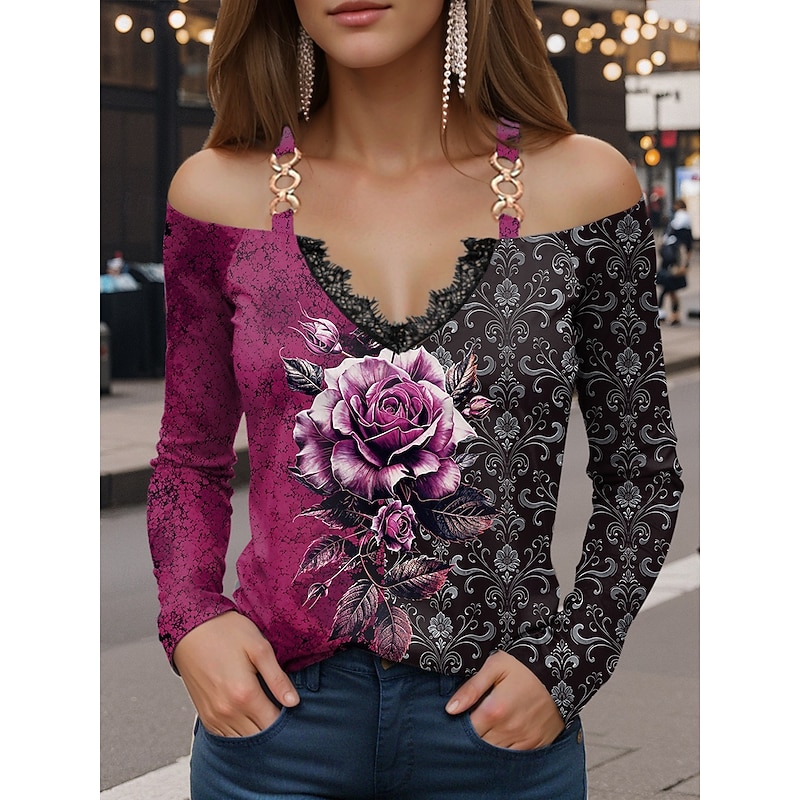 Women's T Shirt Graphic Rose Vintage Fashion Casual Long Sleeve Off Shoulder Regular Tops Daily Patchwork Print Yellow Red Blue Purple Green Summer Spring Fall