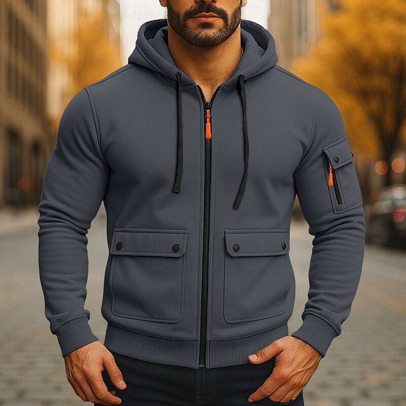Men's Hoodie Full Zip Hoodie Fleece Hoodie Tactical Hoodie Black Army Green Navy Blue Khaki Light Grey Hooded Plain Zipper Sports & Outdoor Casual Daily Streetwear Cool Sportswear Spring &  Fall4