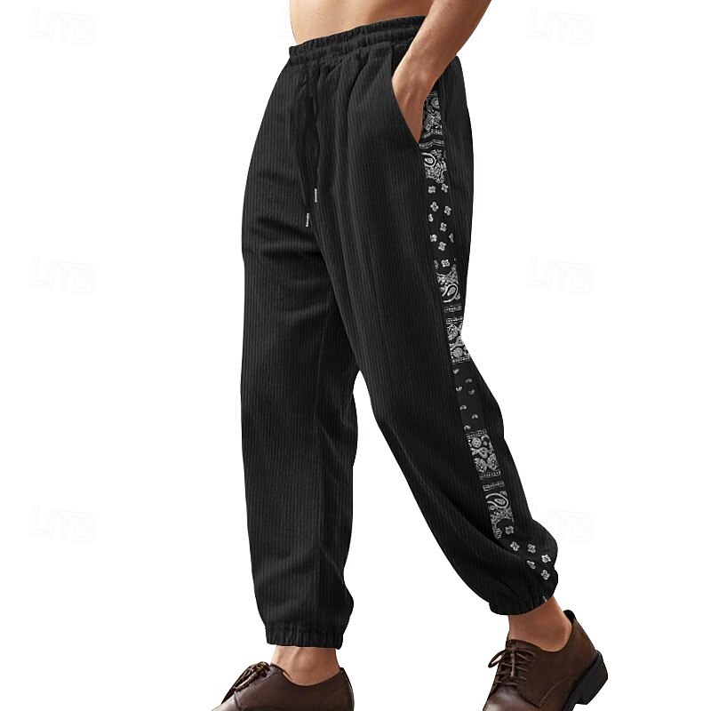 Men's Sweatpants Joggers Corduroy Pants Trousers Casual Pants Drawstring Pocket Elastic Waist Paisley Moisture Wicking Breathable Full Length Outdoor Daily Running Fashion Classic Style Black Navy