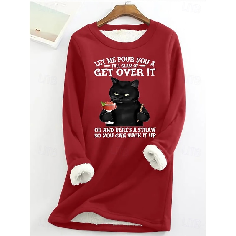 Women's Pullover Sweatshirt Cat Letter Casual Comfrt Long Sleeve Crew Neck Regular Tops Street Dailywear Print Black Pink Red Blue Gray Fall Winter