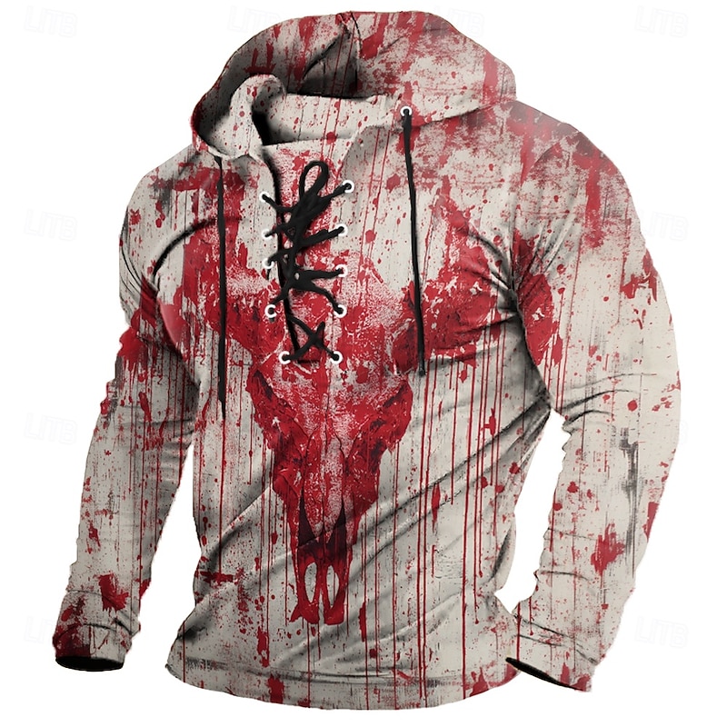 Halloween Men's Blood Splatter Blood stains Punk Stylish Long Sleeve Hooded Streetwear Lake blue Red Drawstring Fall Winter Designer