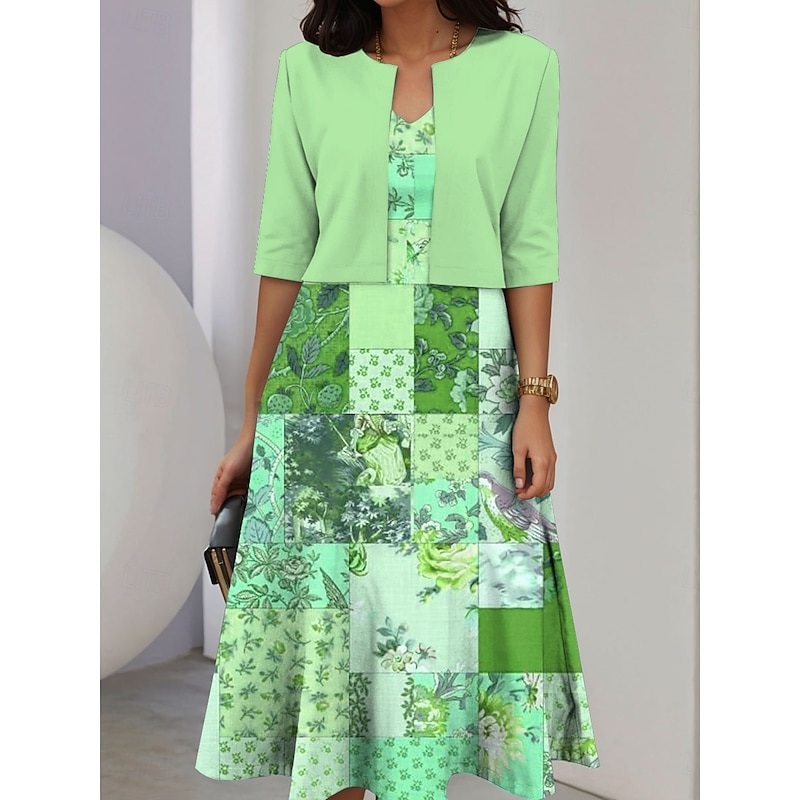 Women's Dress Set A Line Dress Midi Dress Elegant Casual Floral Graphic Patchwork Print Midi Dress Half Sleeve Crew Neck Vacation Date Pink Blue Purple Summer Spring Regular Fit4