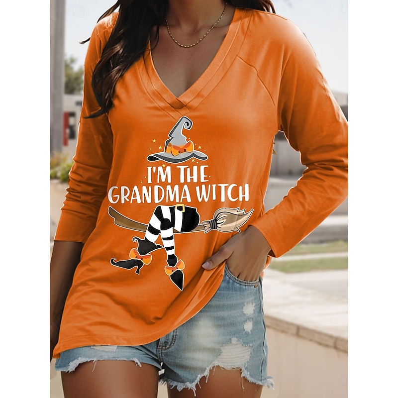 Halloween Women's T shirt Witch Long Sleeve V Neck Long Sleeve Graphic Casual Letter Vintage Stylish Classic Regular Tops Daily Print Blue Purple Orange Green Spring Fall Prefall
