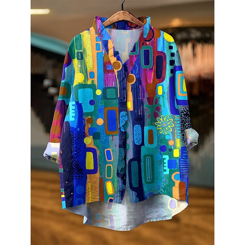 Women's Blouse Graphic Geometric Elegant Active Vintage Long Sleeve V Neck Daily Holiday Ruffle Red Royal Blue Blue Purple Green Summer Spring Fall2