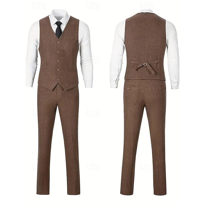 Men's Business Casual Wedding Suits Notch Lapel Brown Daily Casual Solid Colored Tailored Fit 3 Piece Single Breasted Two-buttons2