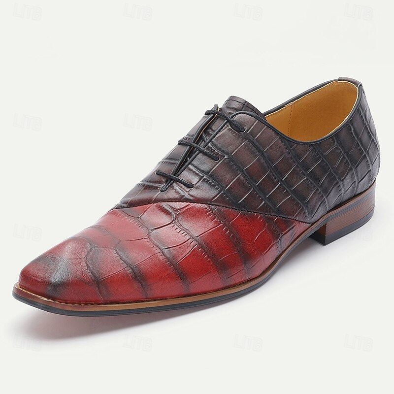Men's Red Black Crocodile Pattern Leather Oxford Shoes – Luxury Lace-Up Formal Dress Footwear for Business, Weddings and Parties2