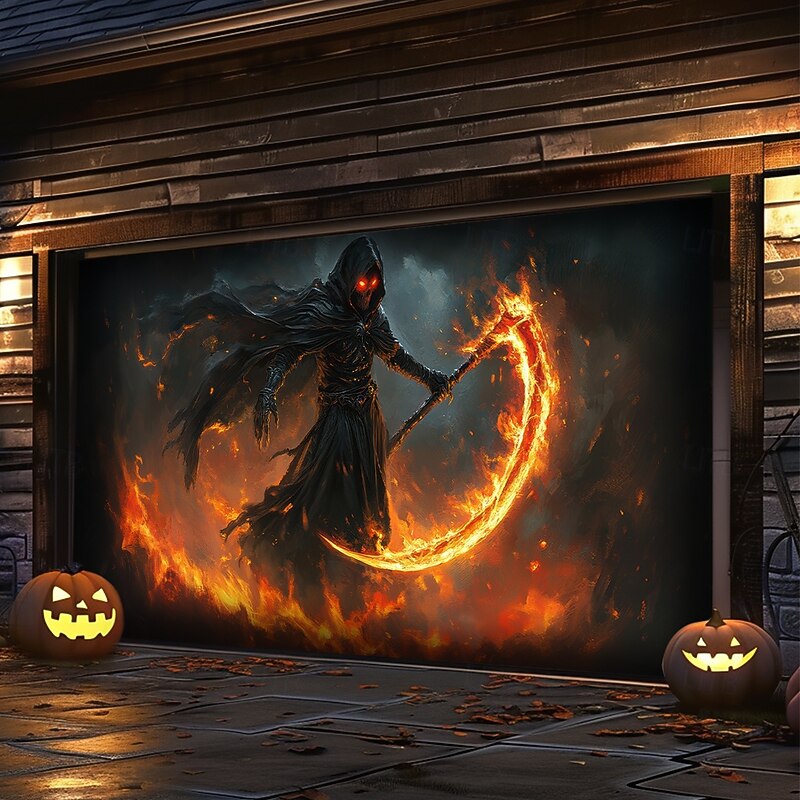 Halloween Garage Door Cover Large Hanging Backdrop Grim Reaper Dark Punk Gothic Style Party Outdoor Shooting Backgrounds Front Door Home Decor3