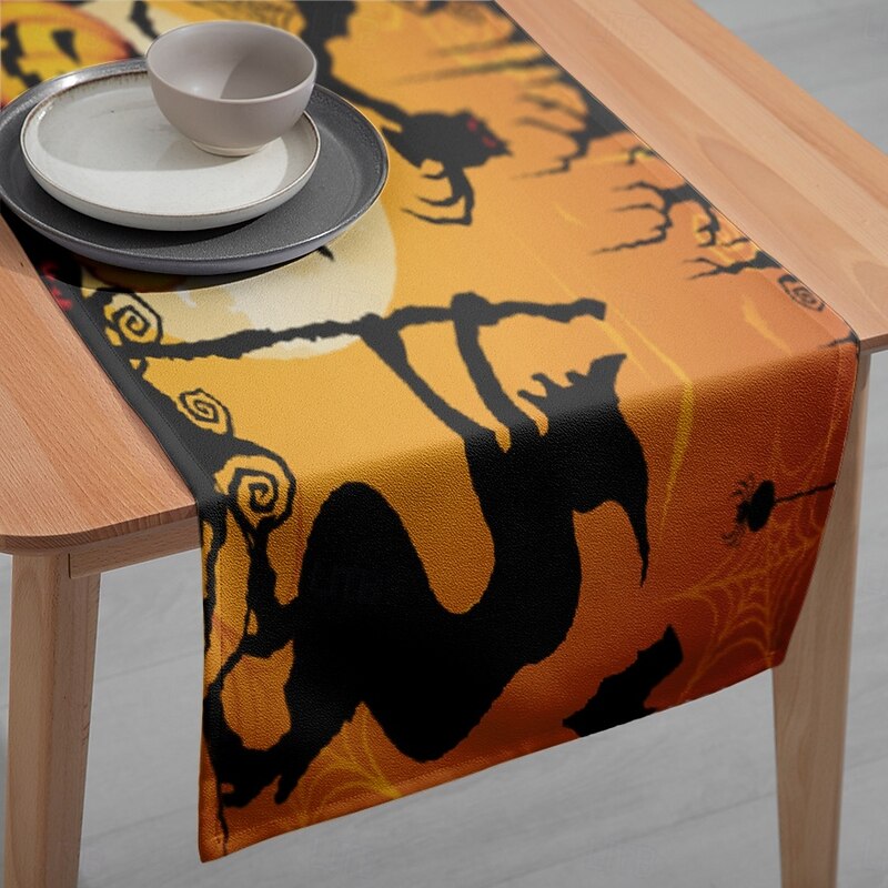 Halloween Table Runner - Digital Printed Rectangular Tablecloth 33x180cm, Spooky Party Decor for Restaurant Banquet Dining (Black/Orange)3