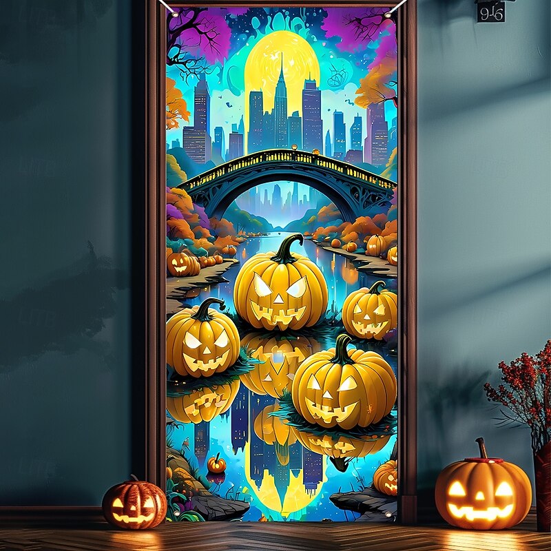 Halloween Door Cover Outdoor Banners Pumpkin Modern Dark Punk Gothic Style Party Outdoor Shooting Backgrounds Front Door Wall Porch Home Decor