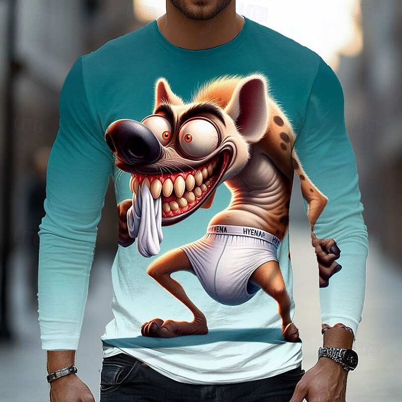 Men's Animal Funny Hyena T Shirt Long Sleeve T shirt 3D Print Crew Neck Shirt Fashion Basic Street Casual Daily Light Blue Blue Green Summer Spring Clothing Apparel S M L XL XXL XXXL2