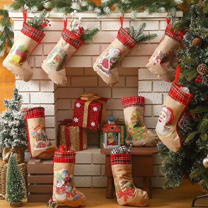 Christmas Diamond Art Stocking 5D Diamond Painting Xmas Rhinestone Sock Embroidery Mosaic Hanging Gift Bag Snowman Santa Xmas Tree Diamond Art Kits Fireplace Hanging Stocking Candy Bag Gift for Adult4