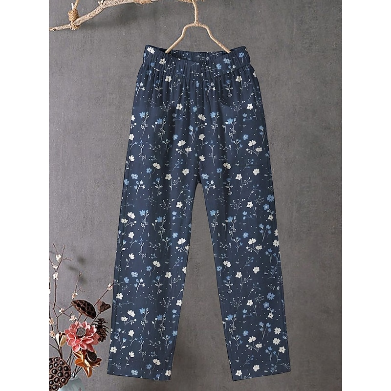 Women's Chinos Pants Trousers Streetwear Casual Full Length High Waist Floral Elastic Waist Print Breathability Comfortable Stretchy Vacation Street Daily Wear Blue Summer Spring Fall Regular Fit