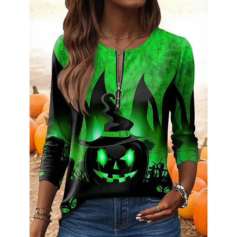 Halloween Women's T shirt Pumpkin Graphic Vintage Stylish Casual Long Sleeve Round Neck Regular Tops Daily Weekend Zipper Print Red Blue Purple Green Fall Winter2