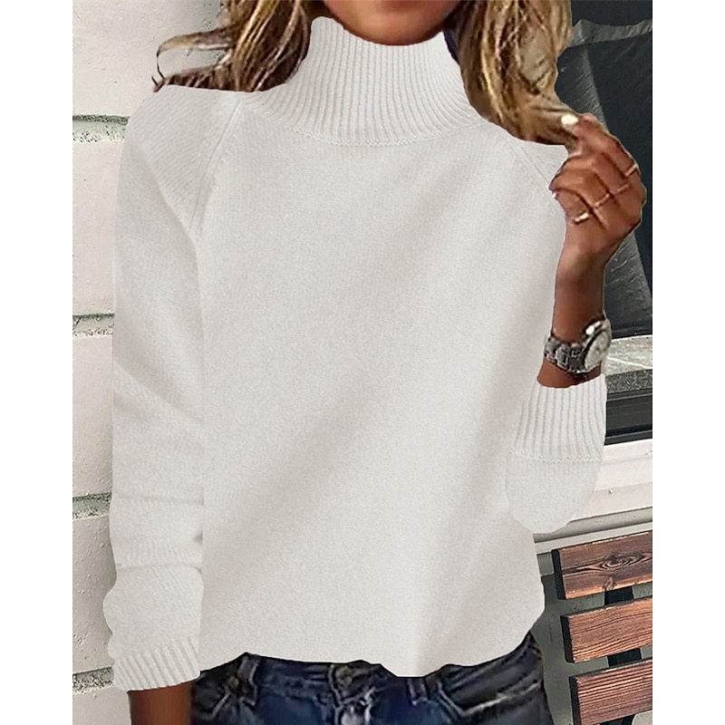Women's Sweater Pullover Daily Stylish Casual Solid Color Ribbed Turtleneck Knitted Long Sleeve Regular Tops Knit Daily Holiday Going out Black White Fall Winter3