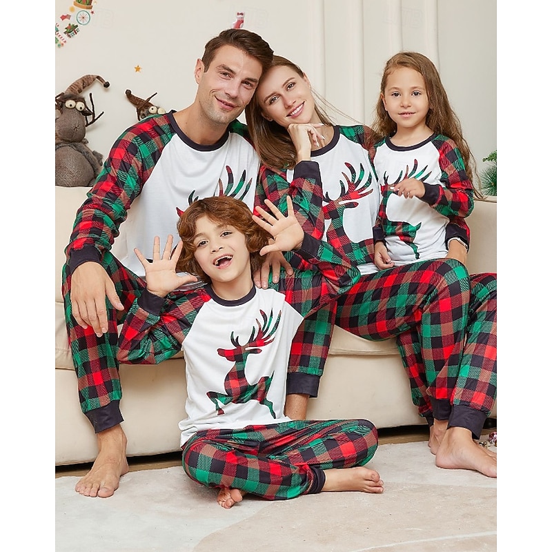 Family Pajamas Plaid Christmas Pattern Home Patchwork White Long Sleeve Active Matching Outfits