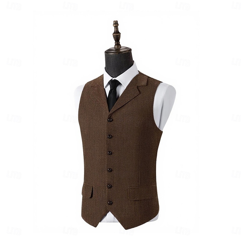 Men's Tweed Vest Waistcoat Formal Wedding Vacation Daily Fashion Classic Spring Fall Pocket Buttons Wool Tweed Comfortable Plain Herringbone Single Breasted V Neck Lapel Slim Fit Black Champagne Red4