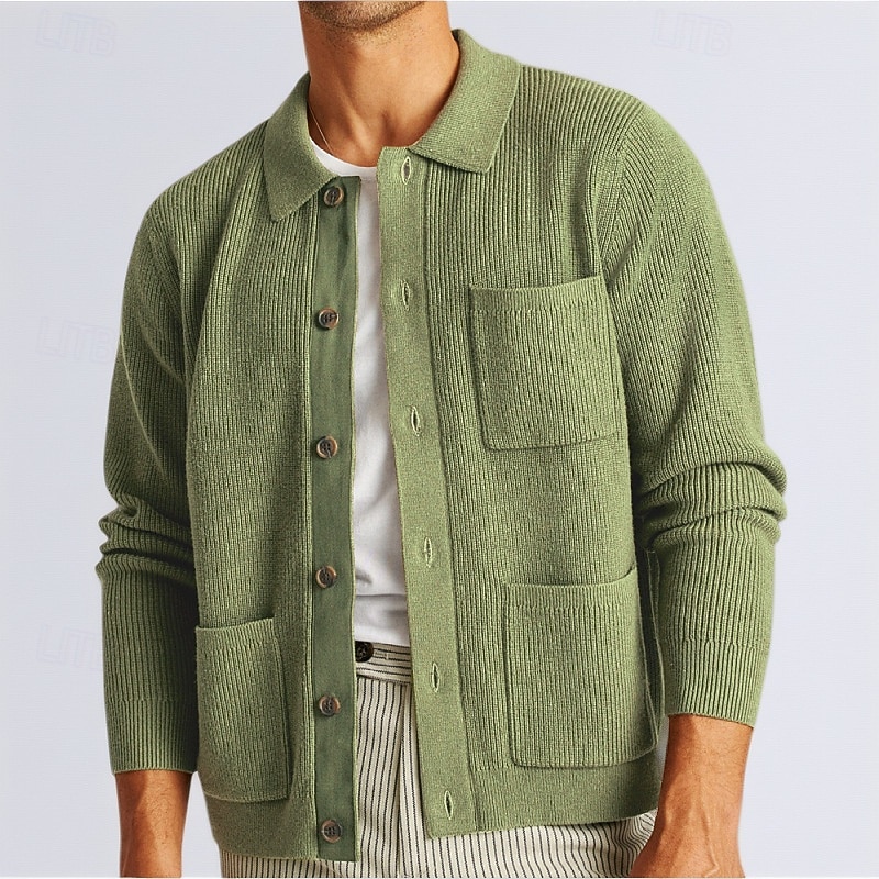 Men's Cardigan Sweater Cropped  Sweater Knit Sweater Ribbed Knit Regular Tops Button Up Pocket Plain Lapel Fashion Classic Vacation Daily Wear Clothing Apparel Fall Winter Green khaki M L XL